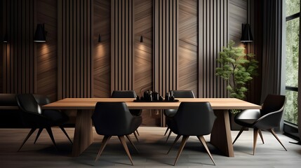 Black leather chairs at wood dining table in room with abstract wood lining ceiling and paneling walls. Minimalist scandinavian interior design of modern dining room. Generate AI