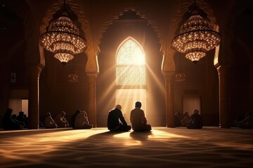 Muslim people praying in the mosque at sunset background. - obrazy, fototapety, plakaty