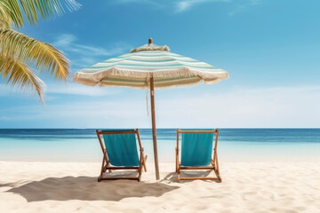 Two beach chairs under an umbrella on a sandy beach created with Generative AI technology