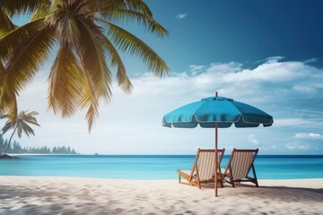 Fototapeta premium Two chairs under an umbrella on a beach created with Generative AI technology