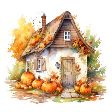 Watercolor illustration of autumn house, cottage, autumn tree, fallen foliage. Generative AI, png image.