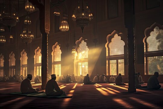Muslim people praying in the mosque at sunset background.