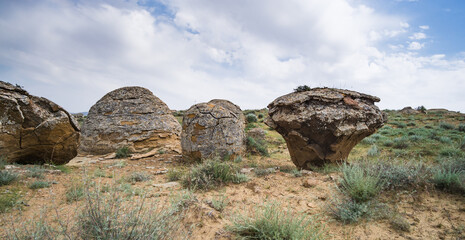 Unusual spherical shape of stones in the Kazakh steppe Mangistau, valley of balls in nature Torysh