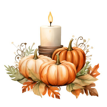 Watercolor illustration autumn candle and pumpkin composition. Generative AI, png image.