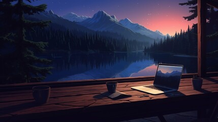  a serene coding sanctuary with a laptop as the centerpiece, its blank mockup screen inviting connectivity, while a dedicated programmer works diligently through the night