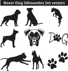Boxer Dogs set silhouette on white background, isolated, vector