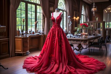 Gorgeous Haute couture long evening lush red full length dress with beautiful ornament in a tailor room, atelier. - obrazy, fototapety, plakaty