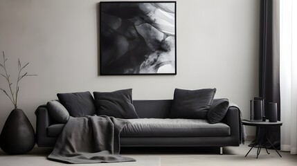 Black sofa with grey pillows and blanket against white wall with abstract art poster. Industrial Interior design of modern living room. Generate AI