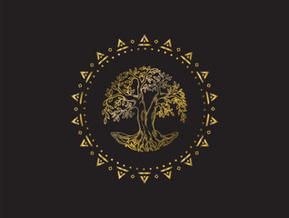 luxury emblem and symbols, abstract ancient tree in circular shape . gold colors.