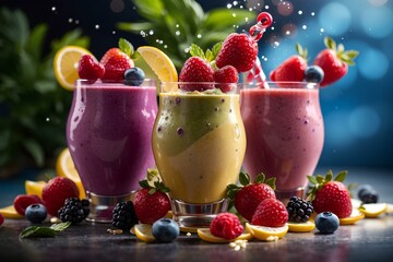 Colorful smoothies with beautiful presentation, drink for healthy lifestyle. 
Mixture of fruits berries juice and green vegetable, mouthwatering beverages 
in restaurants.