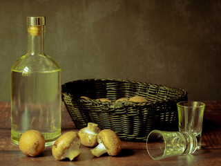 Antique-style still life with alcohol and mushrooms. - 651622514