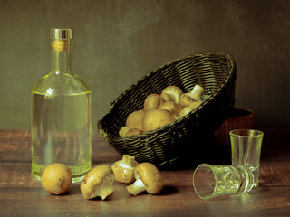 Antique-style still life with alcohol and mushrooms. - 651622526