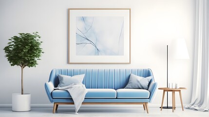 blue sofa and white chair against white wall with art poster frame. Scandinavian, mid-century style home interior design of modern living room. Generate AI