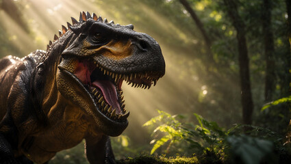 tyrannosaurus rex in the jungle, sun rays through the treetops, rain