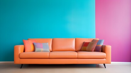 Colorful multicolored leather sofa against coral color wall with copy space. Minimalist home interior design of modern living room. Generate AI