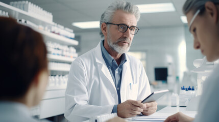 Pharmacists engaged in precise prescription preparation for patients