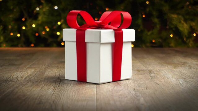 Christmas gift on old wooden floor, Christmas tree background