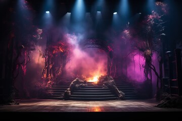 A mesmerizing illuminated stage bathed in scenic lights, with swirls of atmospheric smoke creating a dramatic and captivating ambiance.