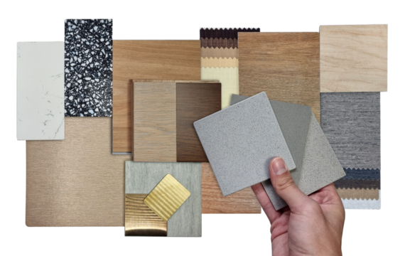 architect compares material samples between quartz stones, drapery fabric catalogs, wooden ceramic tiles, terrazzo stones, engineering and vinyl flooring tiles and stainless isolated on background.