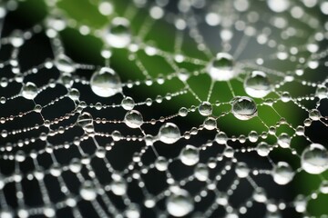 Glistening dewdrops adorn a delicate spider web, creating a mesmerizing pattern of nature's jewels, capturing the essence of morning's fragile beauty.
