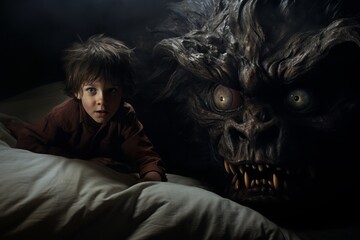 A chilling depiction showcases a bed demon looming ominously next to an unsuspecting child, creating a powerful image of contrast, tension, and underlying darkness. - obrazy, fototapety, plakaty