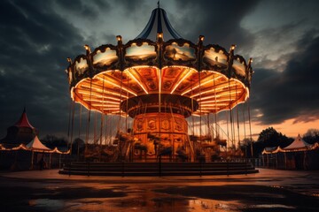 The joyful spin of a carousel or the majestic turn of a Ferris wheel captures the essence of fun and nostalgia, lit up against the night's canvas, beckoning memories and dreams.