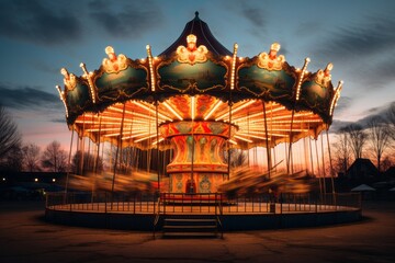 The joyful spin of a carousel or the majestic turn of a Ferris wheel captures the essence of fun and nostalgia, lit up against the night's canvas, beckoning memories and dreams. - obrazy, fototapety, plakaty