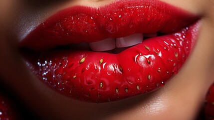 A close up of woman's lips making a red strawberry taste - obrazy, fototapety, plakaty