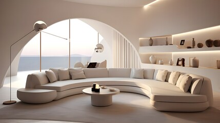 Curved white sofa in room with arch. Minimalist home interior design of modern living room. Generate AI
