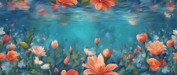 Fototapeta na wymiar Wallpaper with orange flowers under water. Generative AI.
