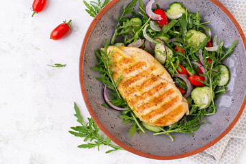 Grilled chicken fillet and fresh salad. Healthy lunch menu. Keto food. Top view