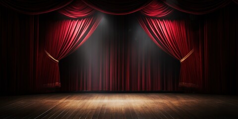 Empty theater with red curtains and wooden floor. Stage scene with light