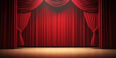 Empty theater with red curtains and wooden floor. Stage scene with light