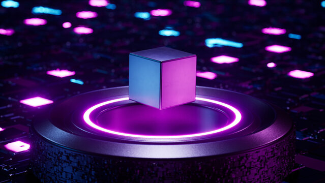 Sci Fi Pattern Neon Lights Cube Superconductor 3d rendering