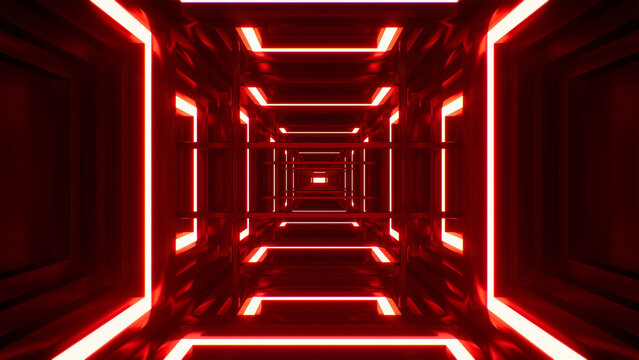 Glowing Red light metal frame tunnel background 3d rendering
