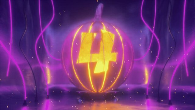 5 to 0 Halloween Countdown with Numbers Cut in Halloween Pumpkin Lamp of Hammered Metal In Neon light and Fire Sparkles. Happy Halloween Message at the End. 4K Dark Futuristic Scene.