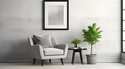 Grey chair and side tables against white wall with poster frame. Industrial style home interior design of modern living room. Generate AI