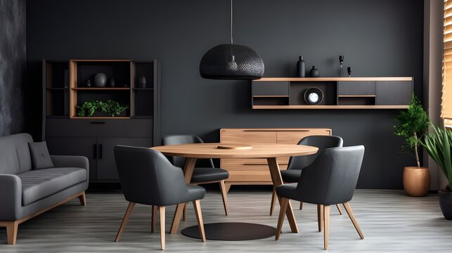 grey color chairs at round wooden dining table in room with sofa and cabinet near black wall. industrial, mid-century home interior design of modern living room. Generate AI 