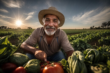 middle aged latin farmer smiling and working in an agricultural field portrait, harvesting organic vegetables - obrazy, fototapety, plakaty