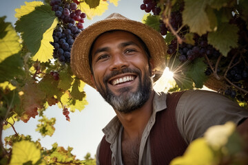 middle aged latin farmer smiling and working in an agricultural field portrait, harvesting grapes in a vineyard