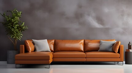 Grey leather corner sofa against terra cotta stucco wall with copy space. Industrial style home interior design of modern living room. Generate AI 