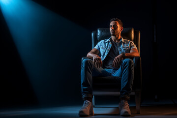 Handsome man wearing jeans sitting in a dark chair with a spotlight