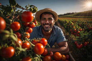 young man latin farmer smiling and working in an agricultural field portrait, harvesting tomatoes - obrazy, fototapety, plakaty