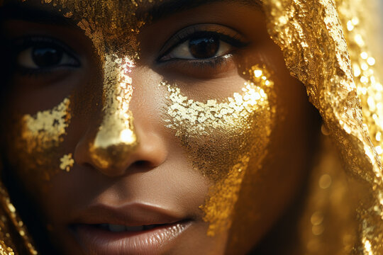 a beautiful woman is in gold paint and wearing a gold covering
