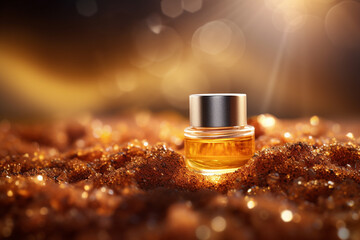 gold sand in a perfume bottle of golden liquid with sparkling glass
