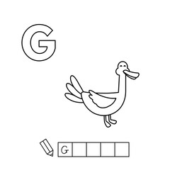 Cartoon goose coloring pages. Learning game for small children - write a word in English language. Vector alphabet for kids