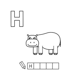 Cartoon hippo coloring pages. Learning game for small children - write a word in English language. Vector alphabet for kids