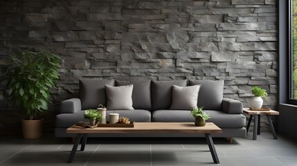 Grey sofa and hand crafted coffee table against stone cladding wall. Industrial home interior design of modern living room in country house.Generate AI
