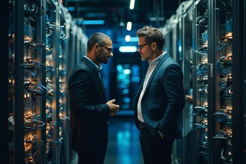 Fototapeta premium Two businessmen having a discussion in a modern data center