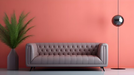 Grey tufted leather sofa against coral wall with copy space. Minimalist home interior design of modern living room. Generate AI